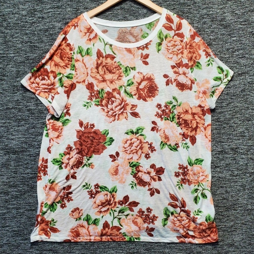 Torrid Classic Fit Floral Slub Knit T Shirt Women 3X White Peach Lounge Soft Tee